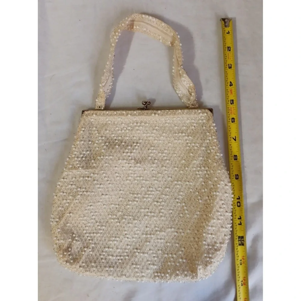 Vintage Beaded Purse Bag Cream White Kiss Lock Clasp Bridal‎ Formal Evening READ